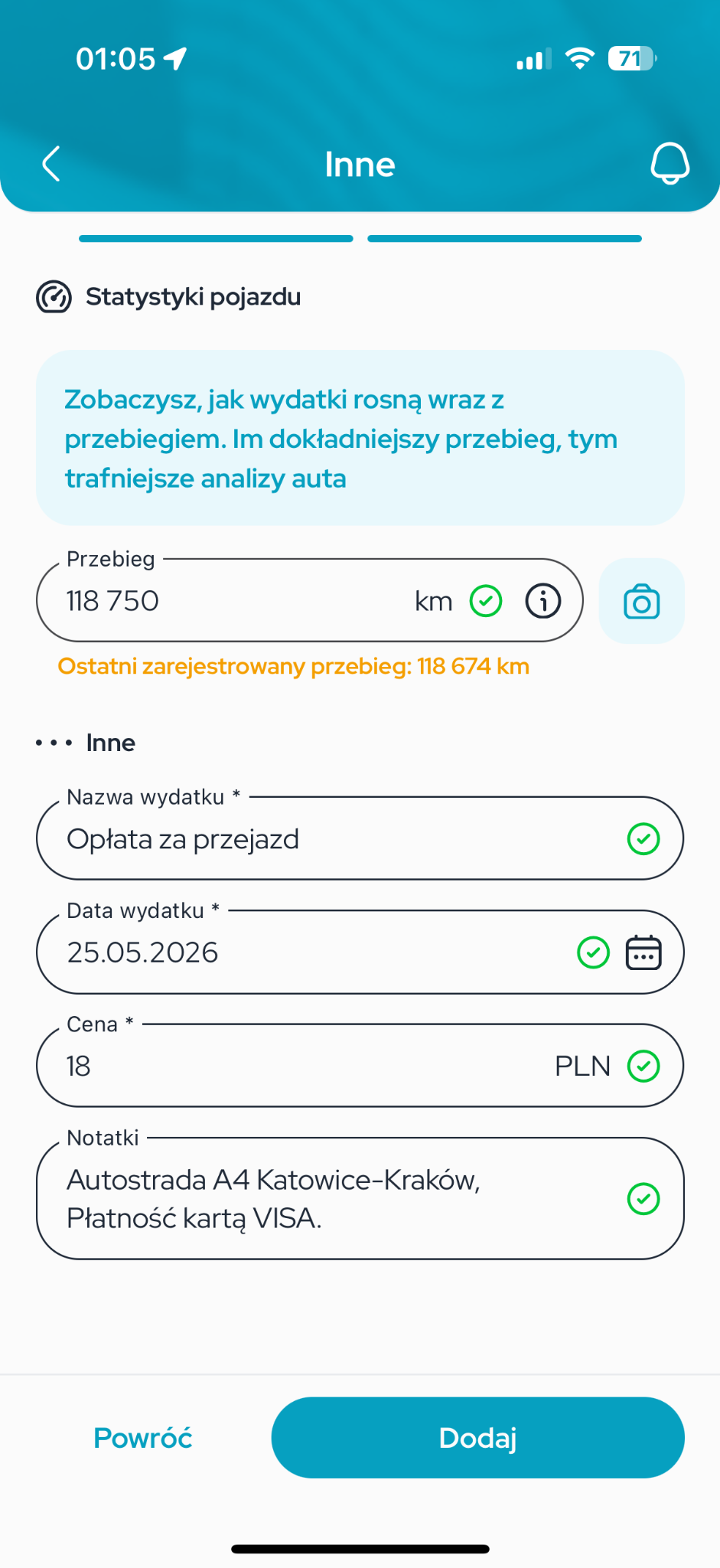 Gotowy wpis wydatku w Driveno