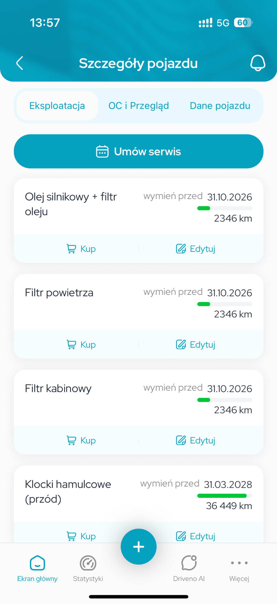 Zużycie części i planowanie serwisu w Driveno