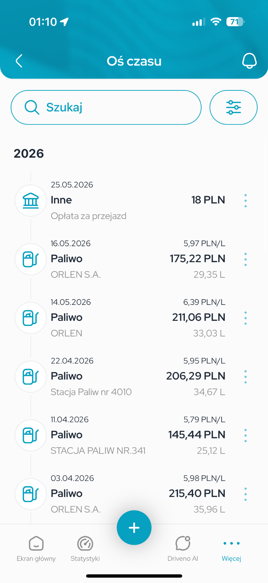 Historia wydatków w Driveno